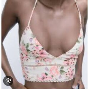 Zara Pink and White Floral Spaghetti Strap Halter Crop Top Size Small NWT